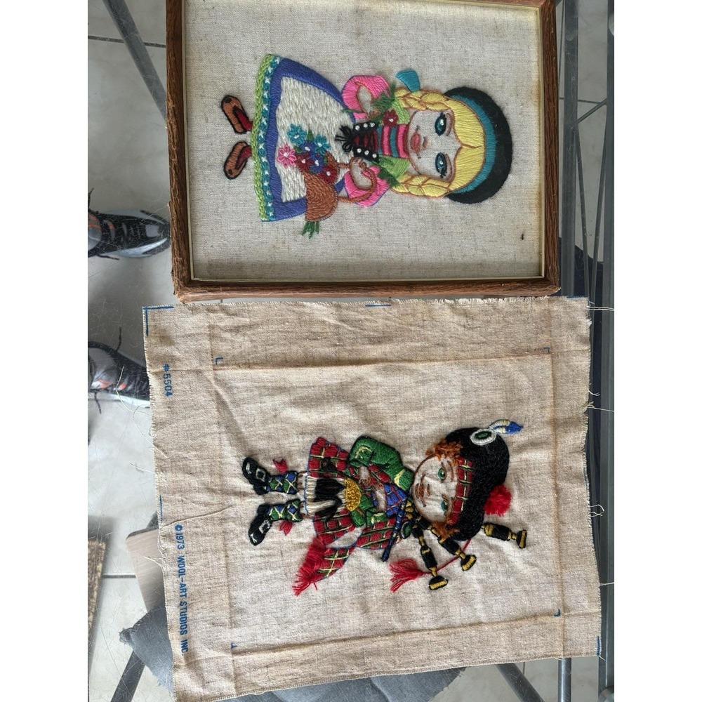 Rare Vintage 1973 Wool-Art Studios Crewel Embroidery Framed Pair #5504 #5503